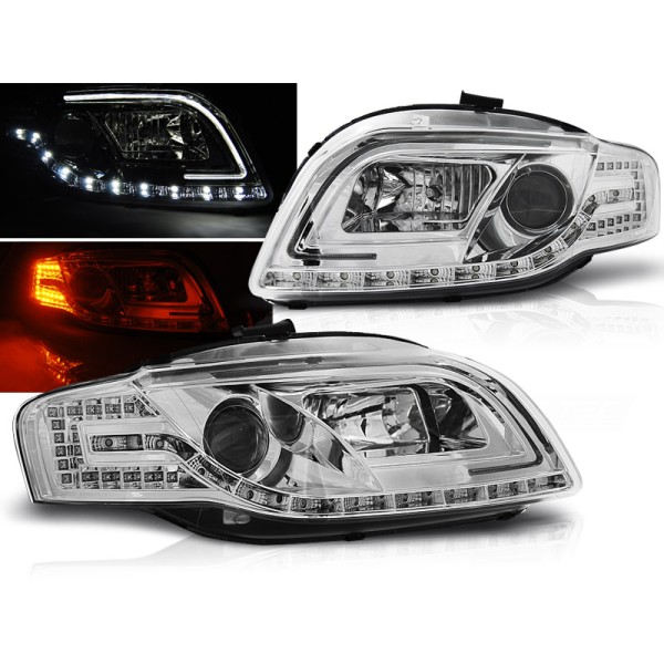 Audi A4 04-09 - přední chrom světla s LED svícením TUBE LIGHTS a LED blinkrem