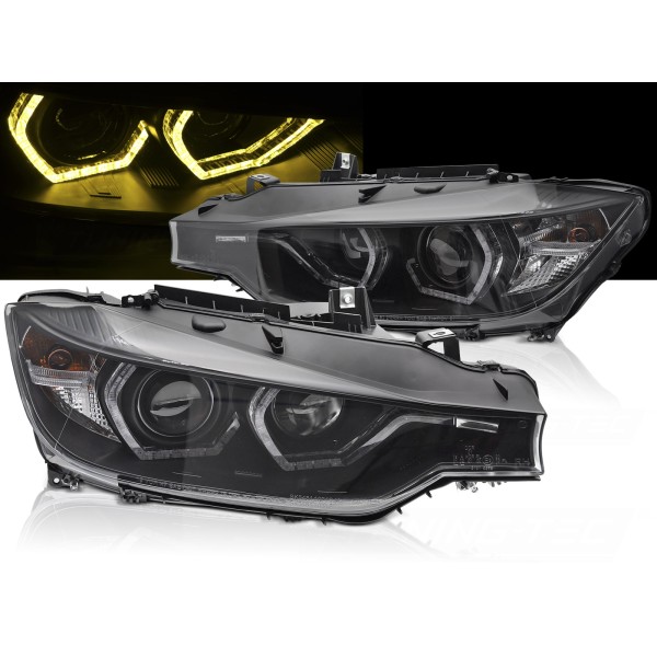 BMW F30/F31 11-15  - Přední černá světla  ANGEL EYES s žlutým LED DRL