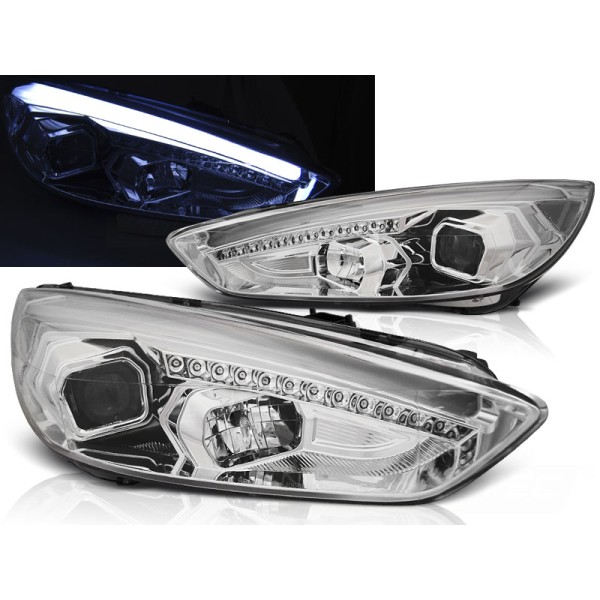 FORD FOCUS MK3 15-18 - přední chrom světla TUBE LIGHTS s LED denním svícením a LED blinkrem