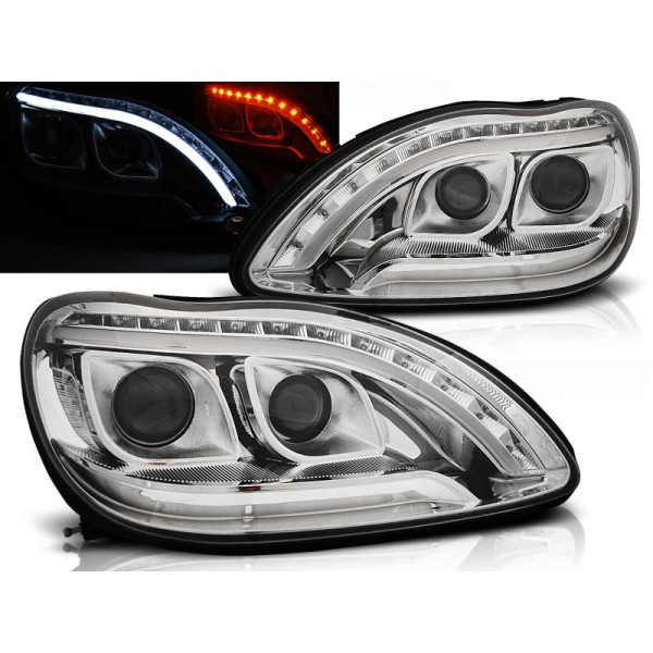 MERCEDES W220 98-05 - přední chrom světla TUBE LIGHT a LED blinkrem