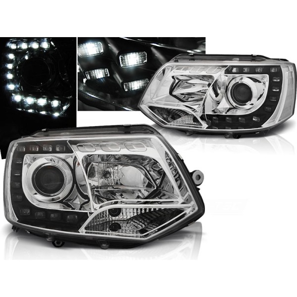 VW T5 10-15 - přední chrom světla s LED denním svícením