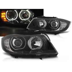 BMW E90/E91 05-11 - přední černá světla s ANGEL EYES s LED blikačem